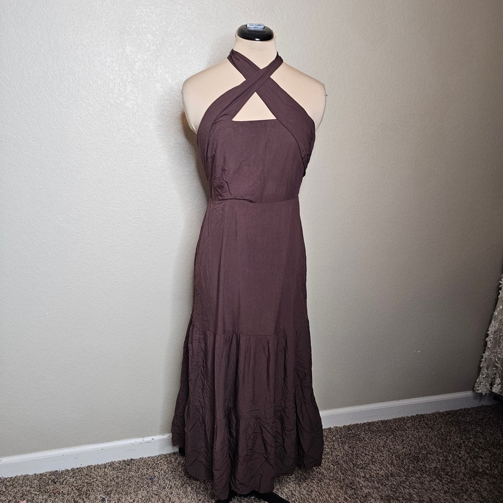 Lulus Brown Halter Tiered Maxi Dress Small Boho Earthy Neutral